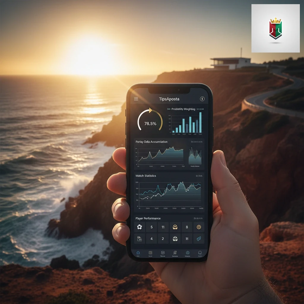 Ecrã de smartphone com análise estatística e gráficos de probabilidades para apostas combinadas